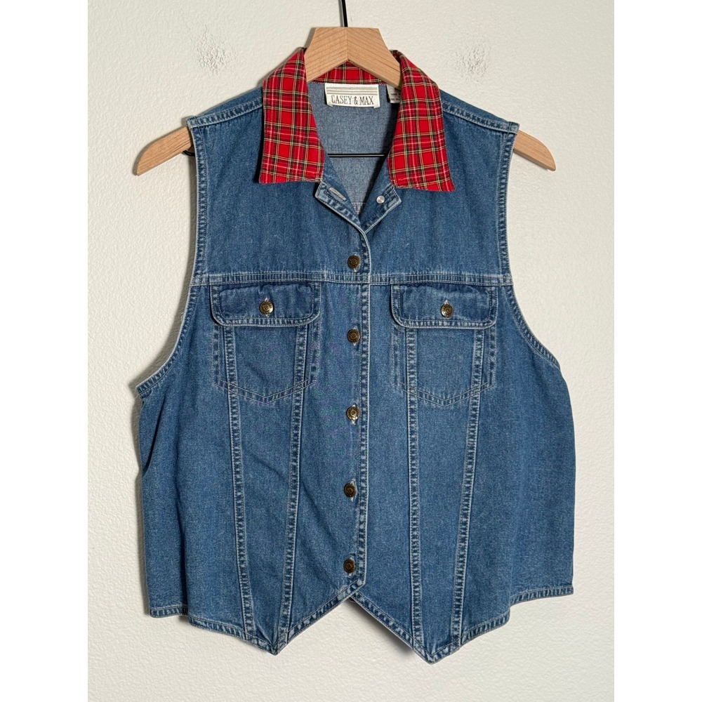 Vintage 90s Casey & Max Denim Vest Plaid Flannel Collar Grunge Punk Waistcoat L